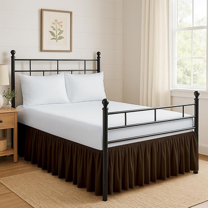 Ruffled Bed Skirt Split Corners with Platform, Tailored Fit Hotel Quality Wrinkle Free Ultra-Soft Microfiber Dust Ruffle, Upto 12 Inch Drop, Queen, Chocolate