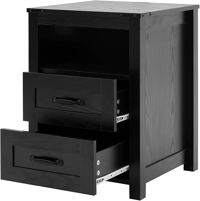 Black Rustic Night Stand, Farmhouse End Table, Modern Bedside Table with 2 Storage Drawers and Open Shelf, Tall Nightstand for Bedroom