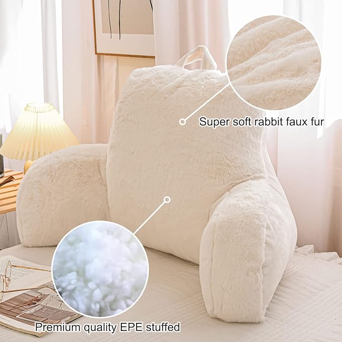 Holawakaka Large Faux Fur Bed Rest Pillow with Arms, Rabbit Fur Reading Pillows Perfect for Adults Men Women, Arm, Back, Pregnancy Lumbar & Head Neck Coccyx Lower Back Support Cushion (Ivory)