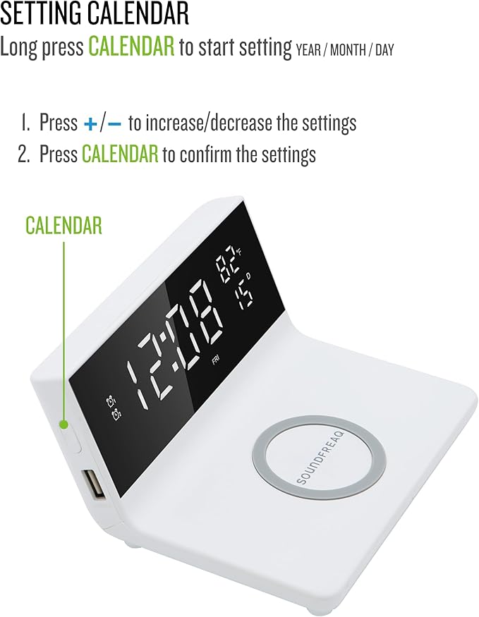 Soundfreaq Charge Rise II, SFQ-20: Digital Alarm Clock, with Dual Alarms, Fast USB Charger and Wireless Charger