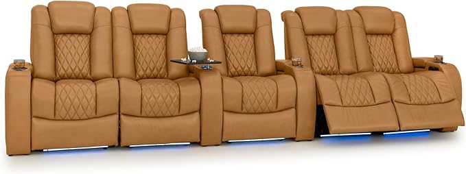 Seatcraft Diamante Zero-Gravity CoolZero Italian Leather Home Theater Seating, Power Headrest, Power Recline, Row of 5 Dual Loveseats, Tan Oak