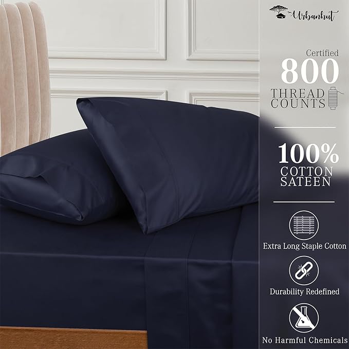 URBANHUT 800 Thread Count 100% Cotton Full Size Sheets, Luxury 4 Piece Full Bedsheets, Hotel Sheets Sateen Finish - Better Than Egyptian, 16" Elasticized Deep Pocket - Navy Blue