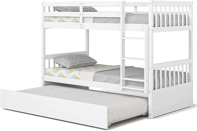 KOMFOTT Wood Twin Over Twin Bunk Bed with Trundle, Solid Pine Wood Bunk Bed Frame with Ladder & Safety Guardrails, Space-Saving Convertible Twin Bed Frame for Home & Dormitory, No Box Spring Needed