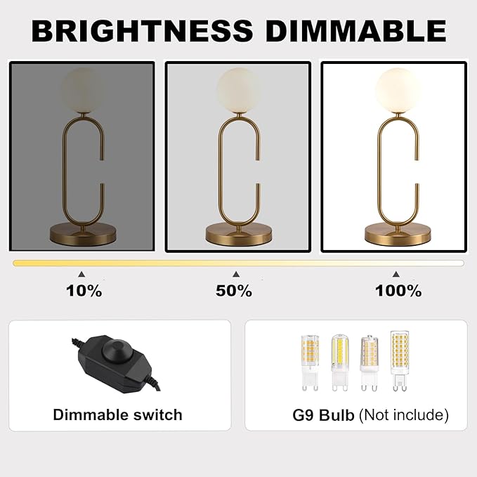 Mid Century C-Shape Table Lamp Gold 2-Light Globe Dimmable Table Lamp with Milk White Glass Gold Nightstand Lamp for Bedroom Bedside,G9 Bulb(Not Included)