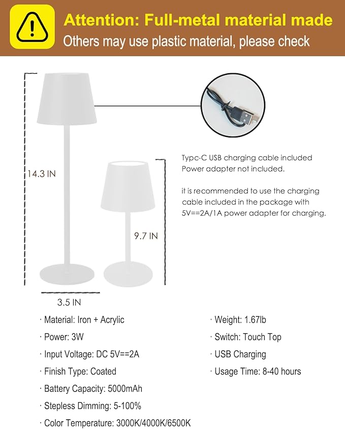 Cordless Table Lamp, Rechargeable Table Lamp with Touch Dimmable Control, Portable LED Desk Lamp for Indoor Patio (White-Round, 2)