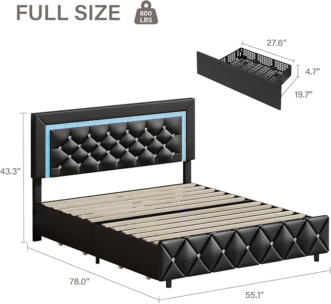 BarnFurin Full Size Bed Frame with LED Lights, Upholstered Bed Frame with Storage Drawers, Modern Platform Bed with Diamond Headboard and Footboard, No Box Spring Needed, Black