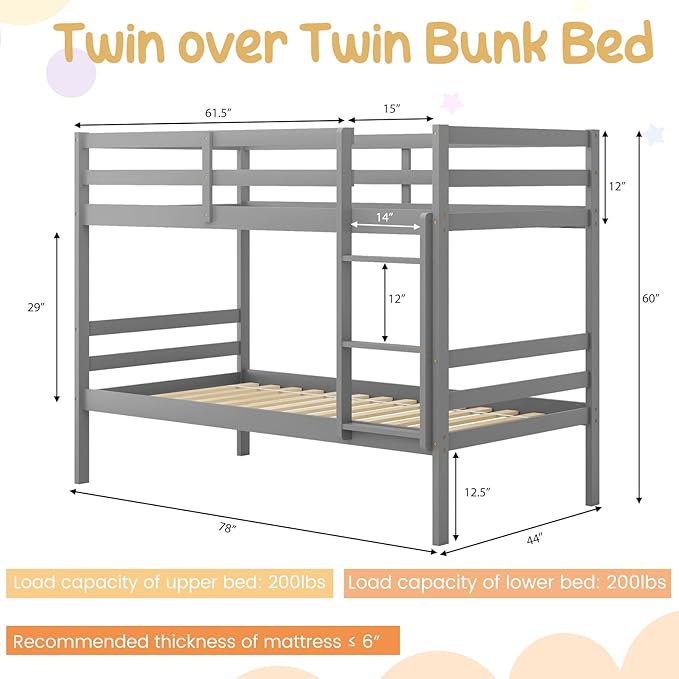 Giantex Bunk Bed Twin Over Twin, Solid Wood Bunk Bed with Sturdy Ladder & 12 Inch Safety Guard Rails, Twin Size Wood Bed Frame for Dormitory, No Box Spring Needed, Bunk Beds for Kids Teens,Grey