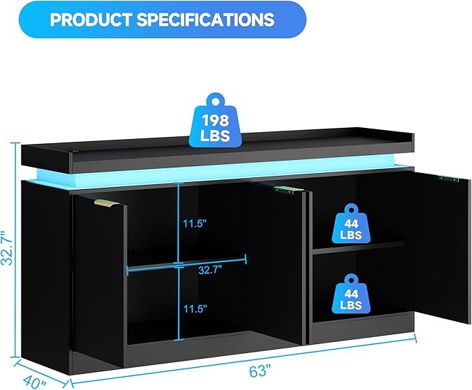 LED Sideboard Buffet Cabinet with Storage, 63'' Large Kitchen Buffet Cabinet Storage Cabinets with 4 Doors, Wood Coffee Bar Cabinets Buffet Table for Kitchen, Dining Room, Entryway
