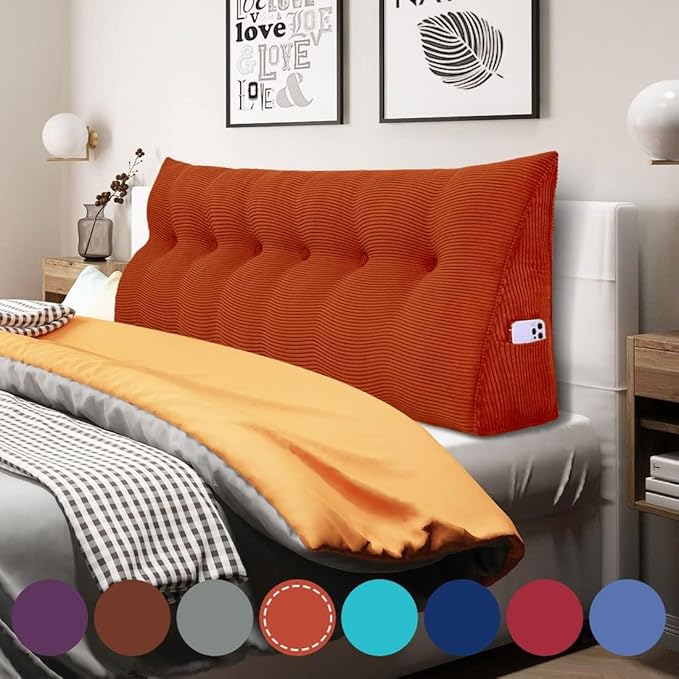 WOWMAX 100% Cotton Corduroy Headboard Pillow – California King Size Back Support Reading Wedge for Bed & Daybed, Plush Handmade Bolster Cushion with Removable Cover, Cozy Bed Rest Pillow, Rusty Orange