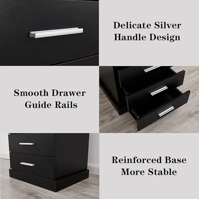Halitaa Black LED Nightstand with Charging Station, Side Table with 3 Drawers and Light, End Table with Open Storage, Beside Cabinet for Bedroom (Black)