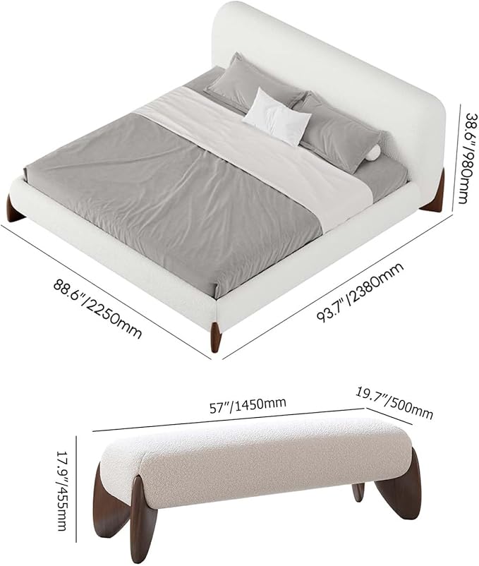 homary Curva Modern White Boucle King Size Platform Bed Set & Bedroom Bench with Solid Rubber Wood Legs, Upholstered Headboard, Comfortable & Stylish for Master Suite or Guest Room