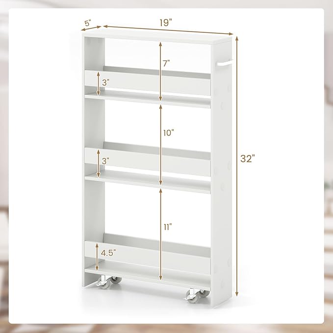 Giantex Slim Storage Cart 4 Tier, Rolling Narrow Island Cart, Side Cabinet w/Handle, Space Saving Trolley, Kitchen Utility Cart Tower Rack for Dining Room Laundry Room Bathroom, White