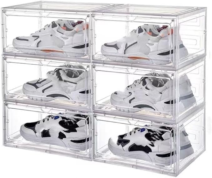 Transparent Plastic Stackable Shoe Storage Box, 6 Pack Side Opening Shoe Box, Suitable For Storing And Displaying Sneakers 13'' x 11.2‘ x 7.5’ (Transparent Colour)