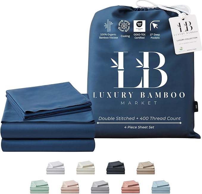 Luxury Bamboo Market | King Size Bed Sheet Set | 100% Viscose Made from Bamboo | Organically Grown | Ultra Soft | Cooling Sheets for Hot Sleepers | 17" Deep Pocket [Midnight Blue]