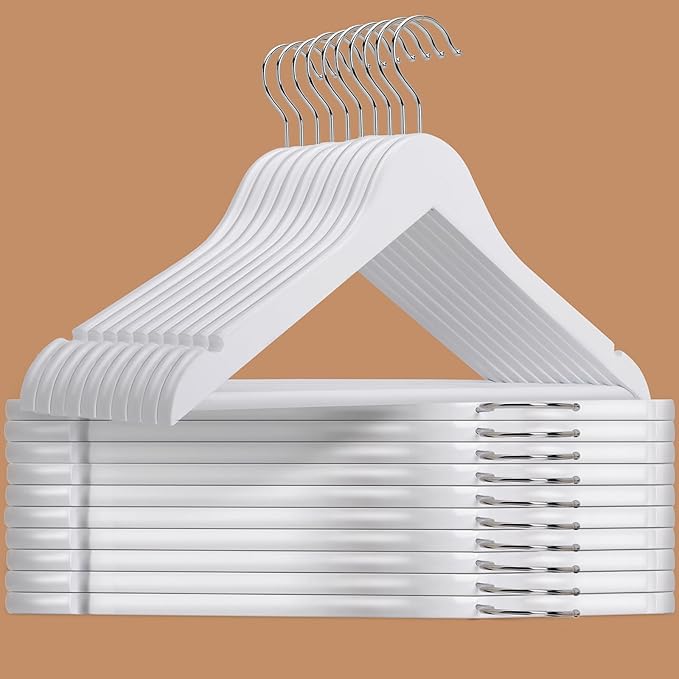 Amber Home White Wooden Hangers 30 Pack - Coat Hangers With Non-Slip Pant Bar for Shirts, Jackets, Dress