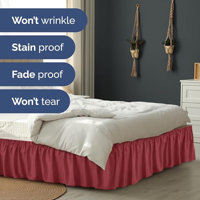 Wrap Around Dust Ruffle Bed Skirt - Burgundy - for Full Size Beds with 24 Inch Drop - Easy Fit Elastic Strap - Adjustable Pleated Bedskirt w/Brushed Fabric Wrinkle Free - for Women, Men, Kids & Teens