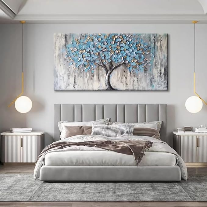 Blue Tree Canvas Wall Art - Modern Botanical Paintings for Living Room, Bedroom Wall Decor, Framed Wall Art for Home or Office Decoration, Large Wall Art 50x100cm(20x40in)