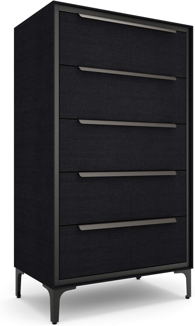 tinge Naima Premium Fabric Dresser - Strong Metal Frame, 5 Spacious Sag-Proof Drawers with Sleek Metal Handles - Premium & Durable Storage Solution for Your Home (Black)