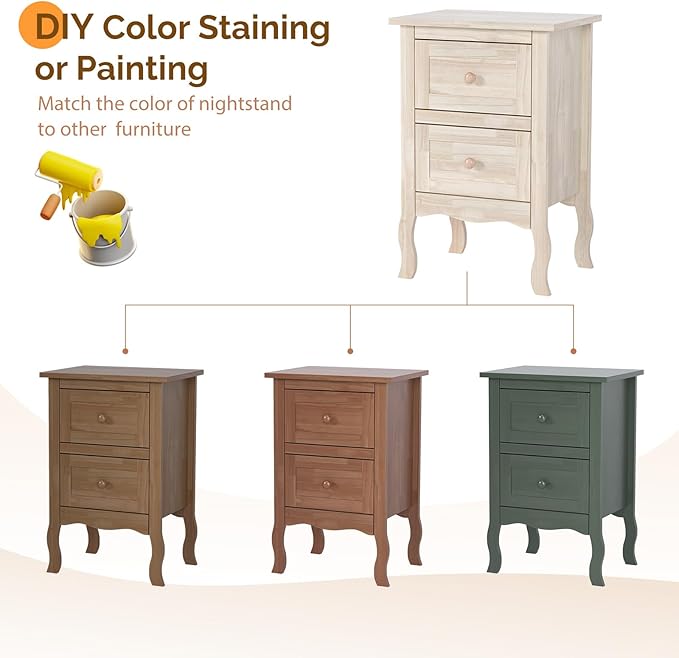 Bonnlo Nightstands Set of 2, Solid Wood Nightstand Unfinished for Color DIY, Small Night Stand for Bedroom, Natural Wood Nightstand with Drawers, Light Wood Nightstands, Real Wooden Bed Side Table
