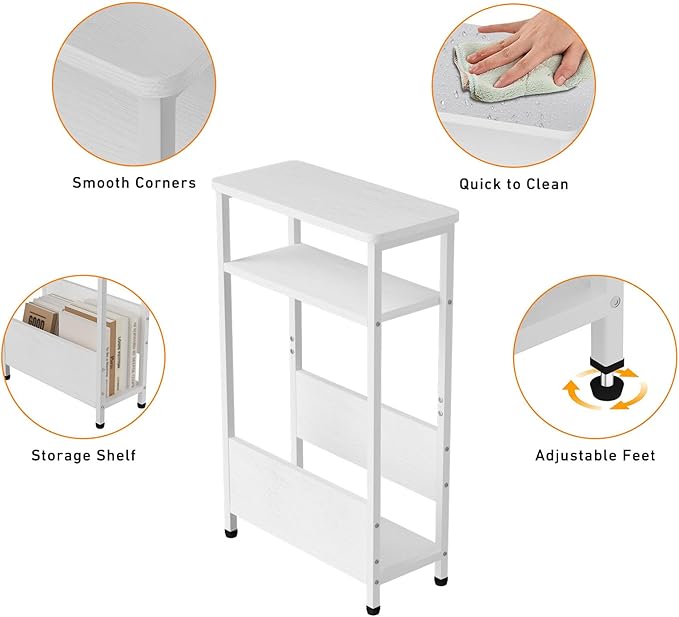 THUMEYE 7.1" Narrow Side Table for Small Spaces, 3 Tier Small End Table with Magazine Holder, Slim/Skinny Nightstand/Bedside Table for Living Room, Bedroom, 15.4" L x 24.2" H, White