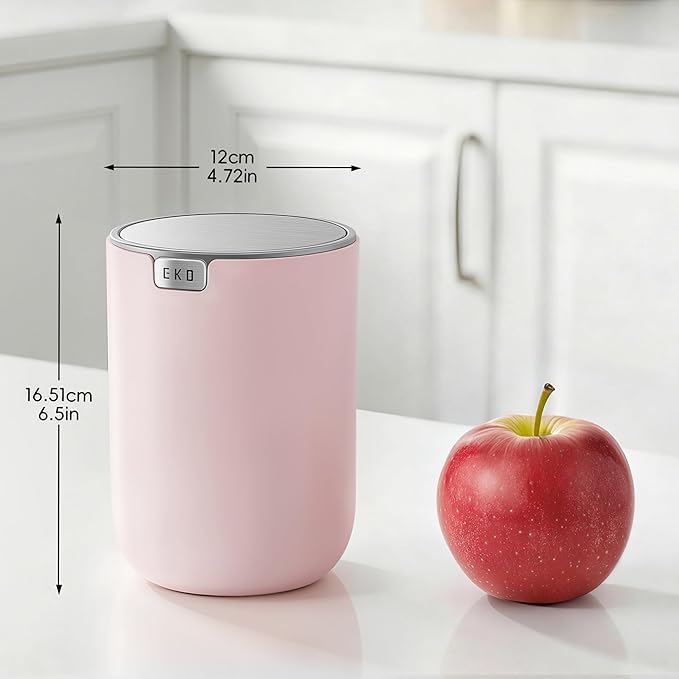 EKO Fandy 0.58 Gal/2.2L Mini Trash Can with Lid, Swing-Top Desktop Trash Can for Bathroom, Countertop, Vanity, Desk or Office, Small Garbage Bin (Pink)