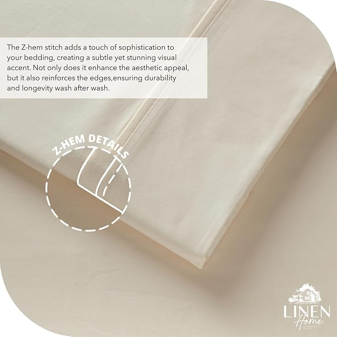 Linen Home 100% Cotton Percale Sheet Set, Full Size, Ivory, Deep Pocket, 6 Pieces Set - 1 Flat, 1 Deep Pocket Fitted Sheet and 4 Pillowcases, Crisp Cool and Strong Bed Linen