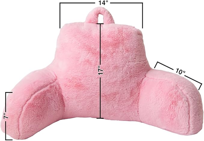 Holawakaka Standard Faux Fur Bed Rest Pillow with Arms, Rabbit Fur Reading Pillows Perfect for Adults, Teens, Kids, Arm, Back, Pregnancy Lumbar & Head Neck Coccyx Lower Back Support Cushion (Pink)
