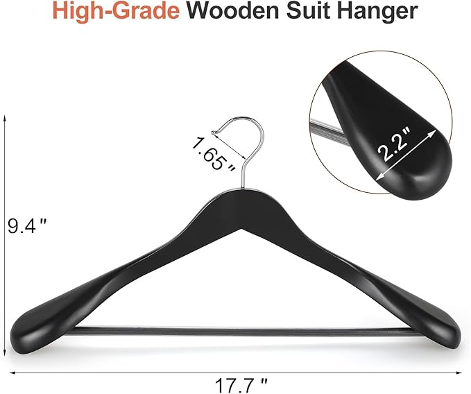TOPIA HANGER Wide Shoulder Wooden Hangers, Suit Hangers with Non Slip Pants Bar & 360° Swivel Hook, Solid Wood Heavy Duty Coat Hanger, 10 Pack (Matte Black)-CT02B-10
