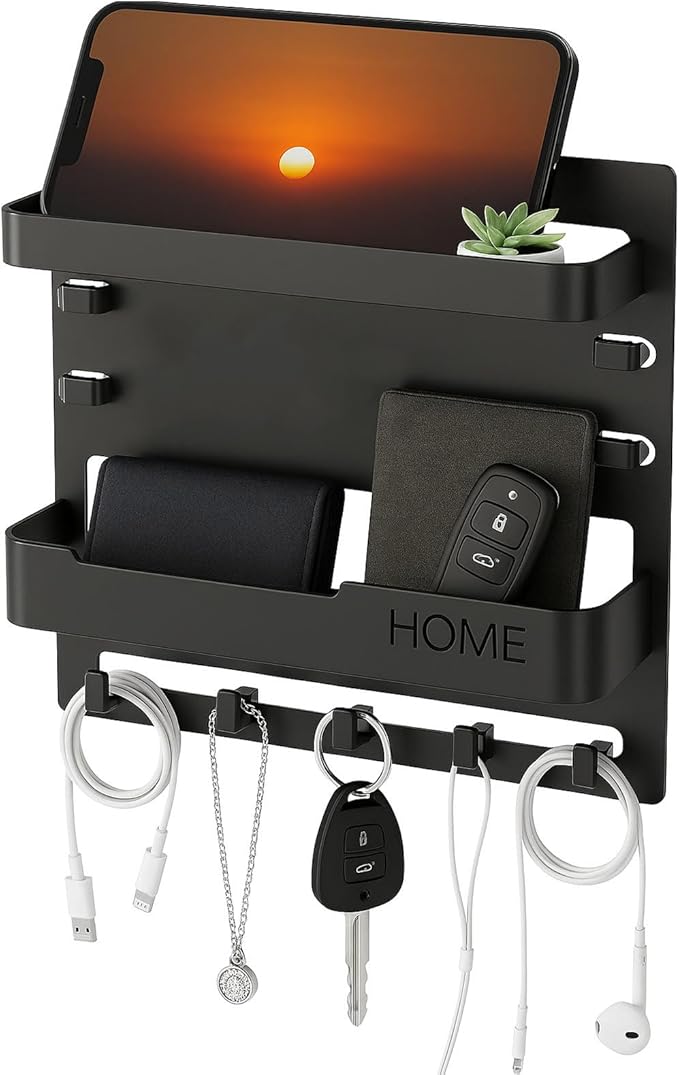 Adhesive Bedside Wall Shelf Organizer with 5 Hooks and Cable Clips, Plastic Wall Storage Holder for Phone, Remote Control, Earphone, Kindle, Keys – Bedroom, Dorm, RV (Black)