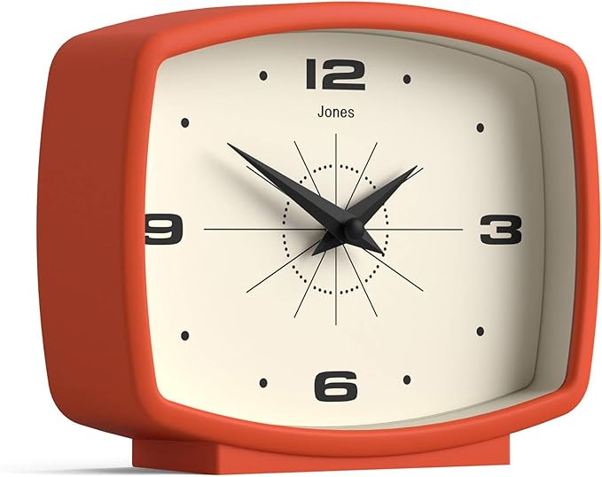 JONES CLOCKS® Film Desk Clock | Retro Rectangular Design | Orange | Retro Design, Blending mid Century Style with a Punchy Modern Finish for Shelf, Table, Mantel or Bedside