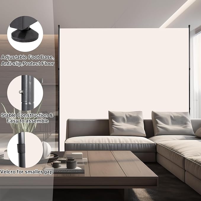 Room Divider Folding Privacy Screens with Wheels, 6FT Tall Divider for Room Separation, Movable Room Partitons and Dividers, Indoor Room Dividers Panel with Fabric (Beige, 1 Panel-71‘’-Round Pad)