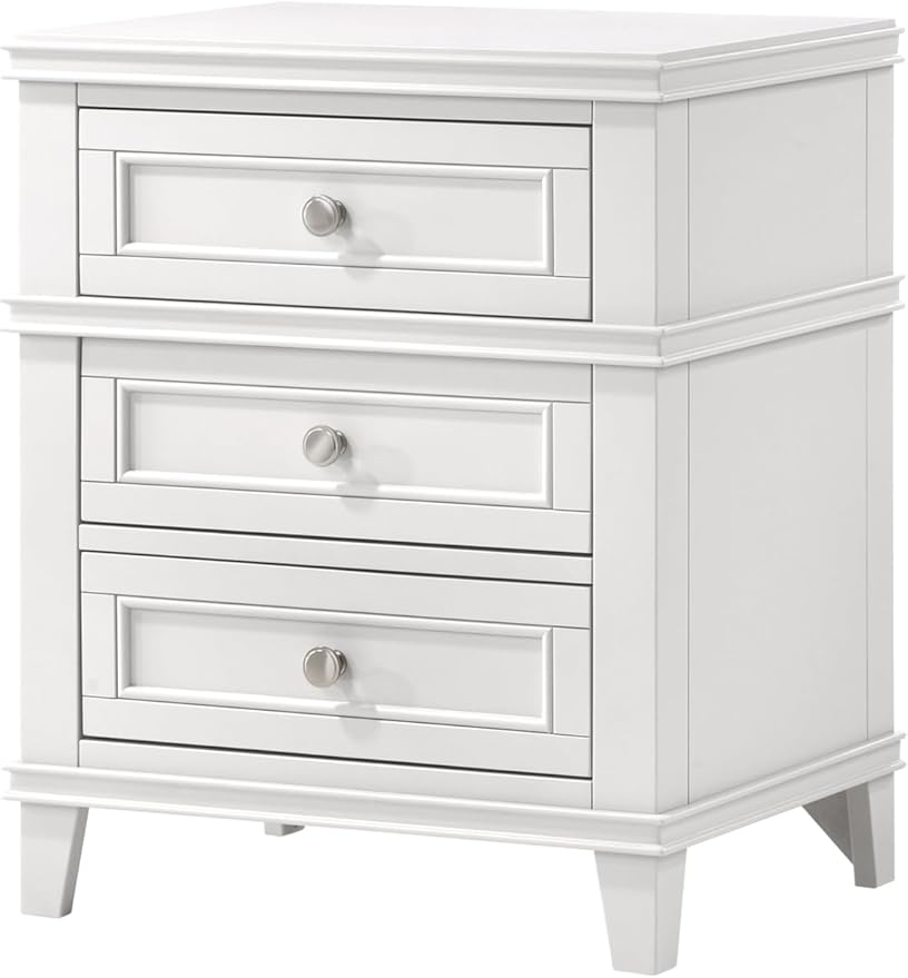 HKHUASEN White Bedside Table with 3 Drawers and USB Ports, Nightstand for Bedroom Organization and Easy Charging
