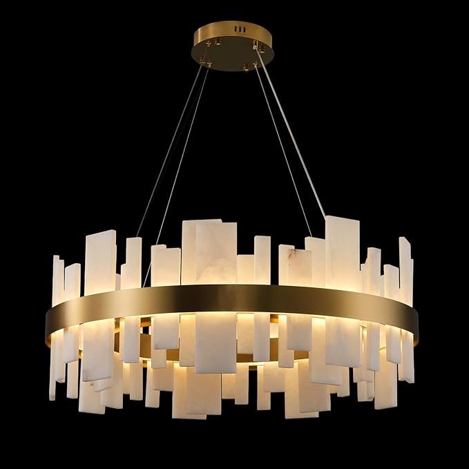 Alabaster Round Chandelier, Natural Spanish Stone Texture Chandeliers, 31.5" Adjustable Alabaster Chandelier Over Table for Living Room, Bedroom, Hallway – Modern Luxury Ceiling Lighting