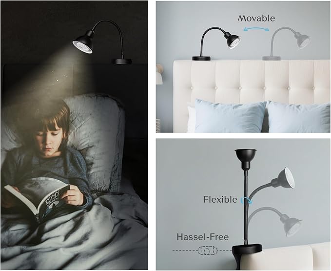 Solfres Innovative Design Rechargeable Headboard Reading Light. No Drilling Book Light for Bedtime Reading. Dimmable LED Lamp with Bulb. Movable & Flexible, Black