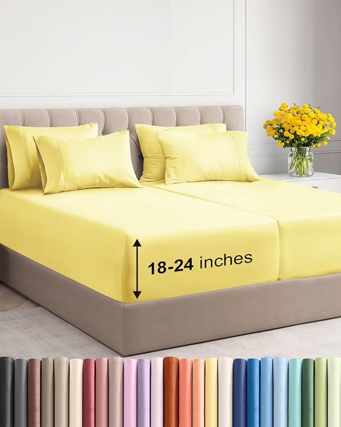 Extra Deep Split King Sheet Set - 7 Piece Breathable and Cooling Sheets - Hotel Luxury Bed Sheets Set - Easy Fit - Soft, Wrinkle Free and Comfy Sheets Set - Yellow Sheet Set with Extra Deep Pockets