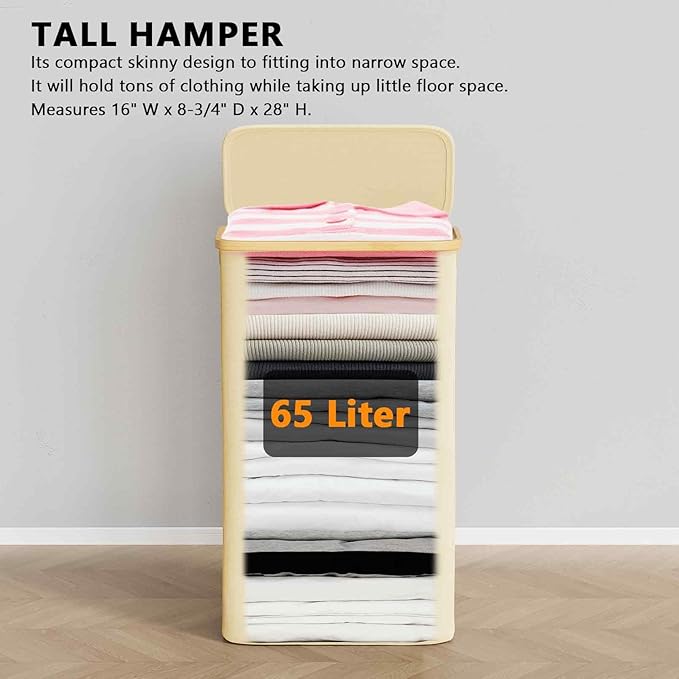 SpaceAid Slim Laundry Hamper with Lid, 65L Narrow Clothes Basket Bin with Bamboo Handles, Skinny Tall Collapsible Hamper for Bedroom, Bathroom, Dorm, Laundry Room - Beige