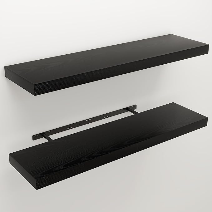 Floating Shelves for Wall, 9.3" Deep Wall Mounted Wood Shelves for Bathroom, Bedroom, Living Room, Kitchen, Hanging Shelf for Books/Storage/Room Decor (Black, 36")