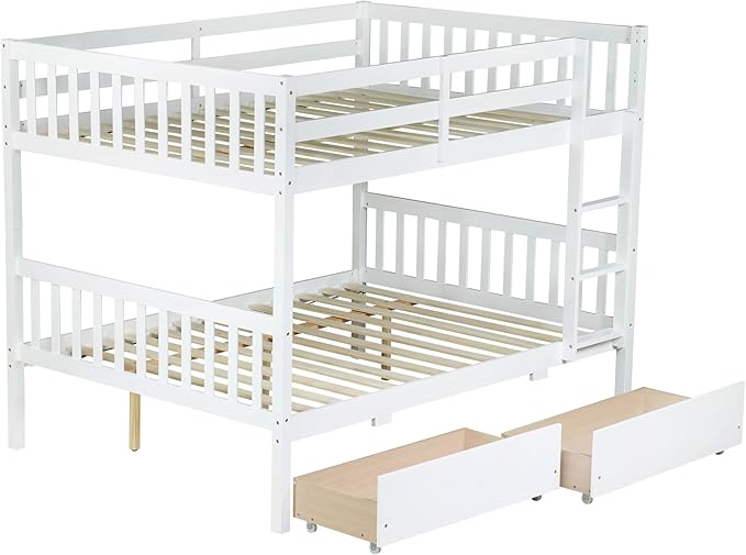Full Over Full Bunk Bed with Storage Drawers,Convertible Bunk Beds with Ladder & Safety Guardrails,Full Size Bunk Beds for Kids Girls Boys,White