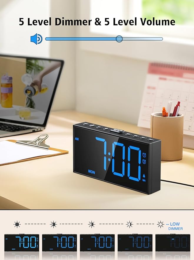 PPLEE Loud Alarm Clock with Bed Shaker,Vibrating Alarm Clock for Heavy Sleepers Hearing-impaired Deaf,2 Alarms 3-level Vibration for Weekday/Everyday Mode,5 Dimmer,5 Volume,Big Number,Power-off Memory