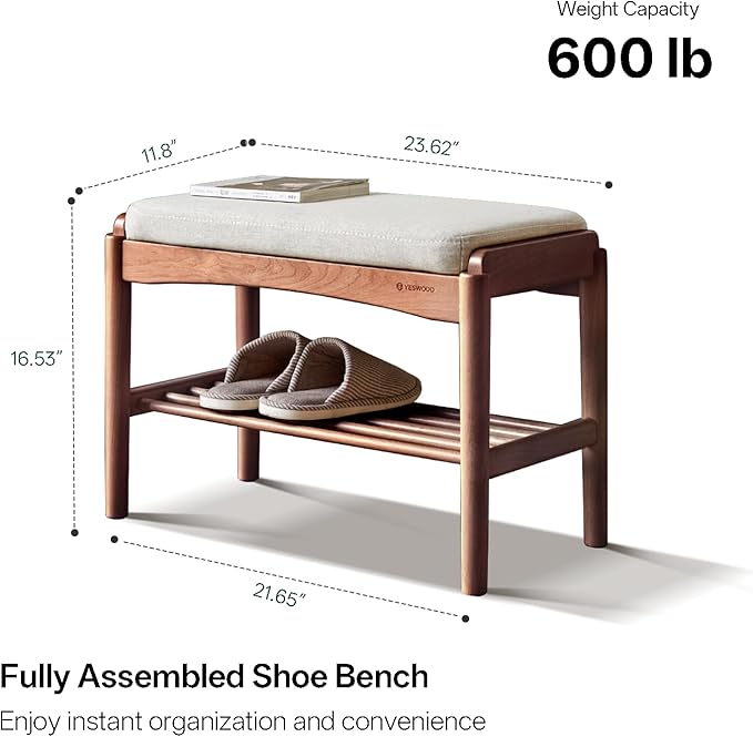 Solid Wood Shoe Bench, Shoe Rack Bench Assembled with Cushion for Entryway, Hallway, Bedroom, Living Room, 11.8" x 23.6" x 16.5", Beech Wood, Walnut