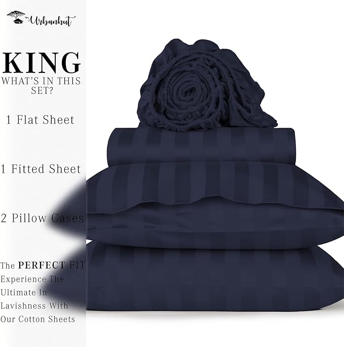 URBANHUT 800 Thread Count 100% Cotton Damask King Size Sheets, 4 Piece Striped King Size Bedsheets, Luxury Hotel Sheets Sateen Weave - Better Than Egyptian, 16" Elasticized Deep Pocket- Navy Blue