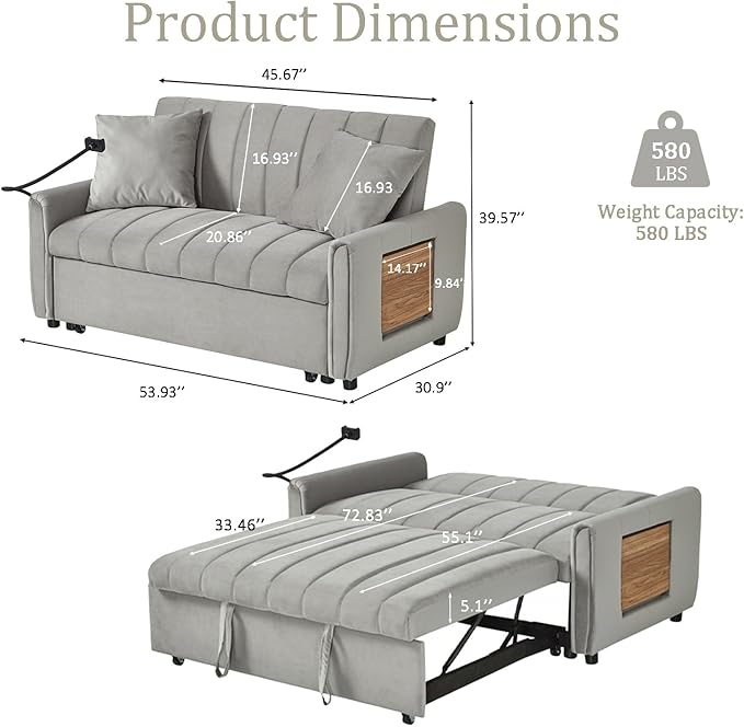 3 in 1 Convertible Sleeper Sofa Bed, Pull Out Couch Bed with USB Ports, Foldable Tables & Phone Stand, Adjustable Backrest Velvet Loveseat Futon Couch for Living Room Bedroom Samll Space (Solid Grey)