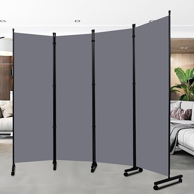 Room Divider Folding Privacy Screens with Wheels, 6FT Tall Divider for Room Separation, Movable Room Partitons and Dividers, Indoor Room Dividers Panel with Fabric (Grey, 4 Panel-88‘’-Wheels)