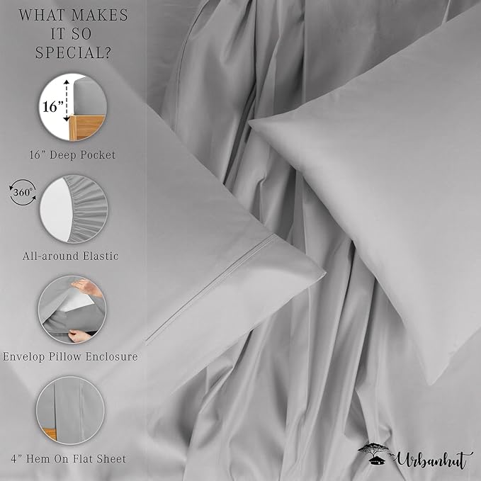 URBANHUT 800 Thread Count 100% Cotton King Size Sheets, Luxury 4 Piece King Bedsheets, Hotel Sheets Sateen Finish - Better Than Egyptian, 16" Elasticized Deep Pocket - Silver Grey