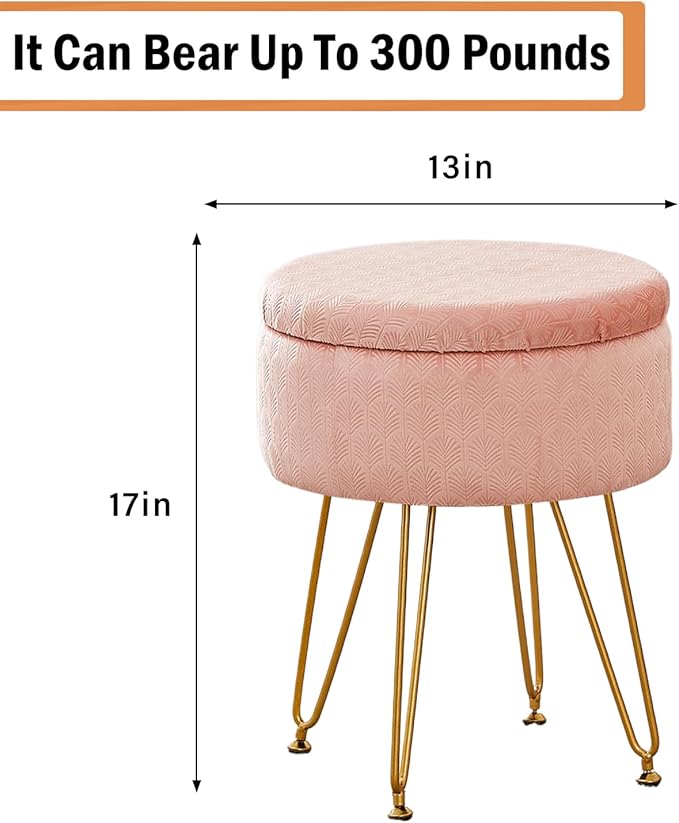 Cpintltr Foot Stool Velvet Storage Ottoman with Removable Lid Round Sofa Stools Foot Rest with Padded Seat Modern Style Makeup Stool Decorative Furniture Suitable for Lounge Dorm Room Blush
