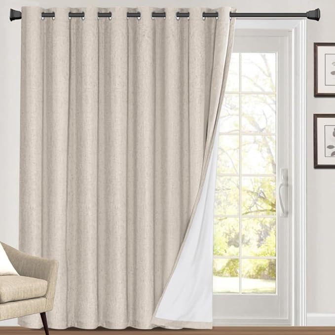 PrinceDeco Linen Blackout Curtains 100% Blackout Curtains 108 Inches Long Linen Look Patio Door Curtains Thermal Insulated Door Curtain for Living Room/Bedroom,W100 X L108 Inch, Natural