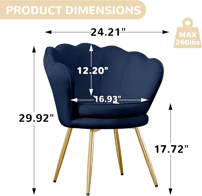 Accent Chairs Set of 2, Velvet Vanity Chair with Back, Mid-Century Modern Small Accent Chair for Living Room, Golden Metal Legs Upholstered Makeup Chair, Bedroom Armchair, Dark Blue
