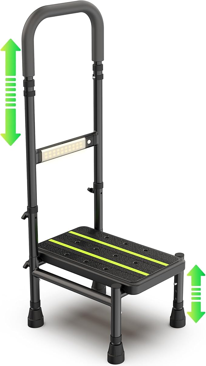Packve Step Stool with Handle for Elderly, Adjustable Handrail & Leg, Sensor Light, Medical Stepping Stools for High Bed Mobility & Daily Living Aids, Bedside Car Stair Lift for Senior Adults 350lbs