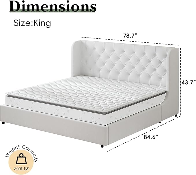 HOMBCK White King Bed Frame, Velvet Upholstered Platform Bed Frame with Headboard, Curved Wingback Design, Wooden Slats, No Box Spring, Noise Free, Easy Assembly