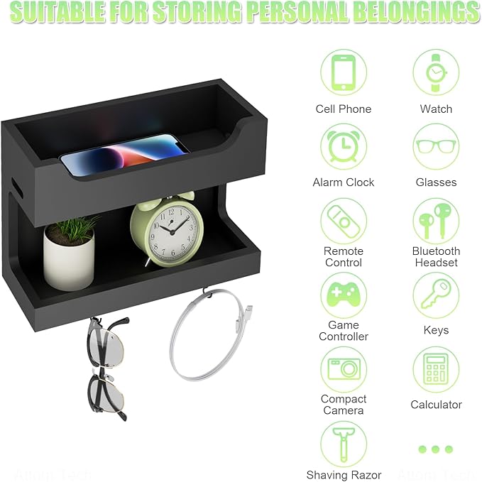NiHome Wall Mounted Wooden Bedside Accessories Organizer, Double Tray Bedside Storage Shelf Rack with Magnetic Hooks, Bedroom Dorm RV Wall Caddy Holder for Phone Glasses Alarm Clock Remote (Black)